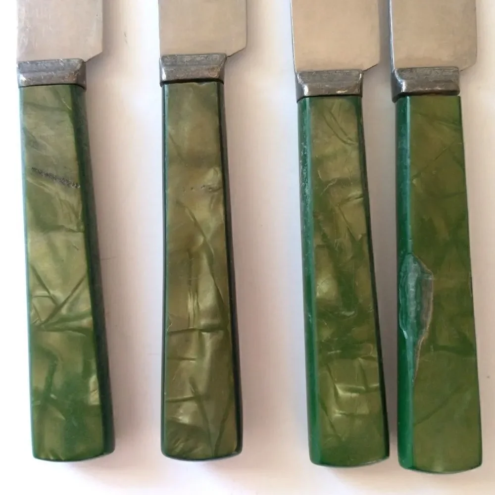 ROYAL BRAND Sharp Cutter Knife Set x 4 Marbled Celluloid Handles Stainless Steel